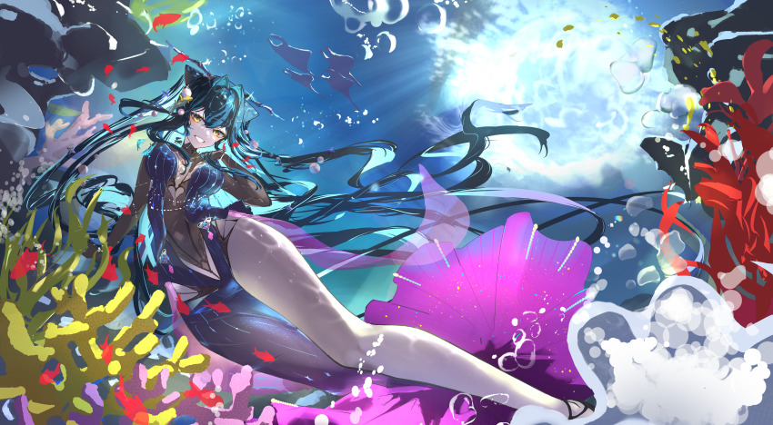 1girl absurdres aqua_hair bare_shoulders black_bodysuit black_hair blue_hair bodysuit breasts bubble cleavage colored_inner_hair gloves goddess_of_victory:_nikke hair_intakes halterneck highres large_breasts little_mermaid_(abyss_flower)_(nikke) little_mermaid_(nikke) long_hair looking_at_viewer multicolored_hair see-through_cleavage see-through_clothes solo takuotsu_(yamataku110203) twintails underwater very_long_hair yellow_eyes