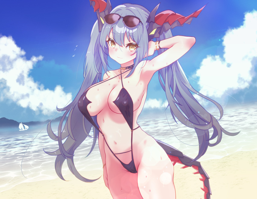 1girl arbiter1 arm_behind_head arm_up armpits azur_lane beach bikini black_bikini breasts cloud dragon_girl eyewear_on_head highres horns large_breasts navel ocean official_alternate_costume presenting_armpit purple_hair regensburg_(azur_lane) regensburg_(dark_dragon_brilliant_beach)_(azur_lane) sky slingshot_swimsuit swimsuit tail twintails yellow_eyes