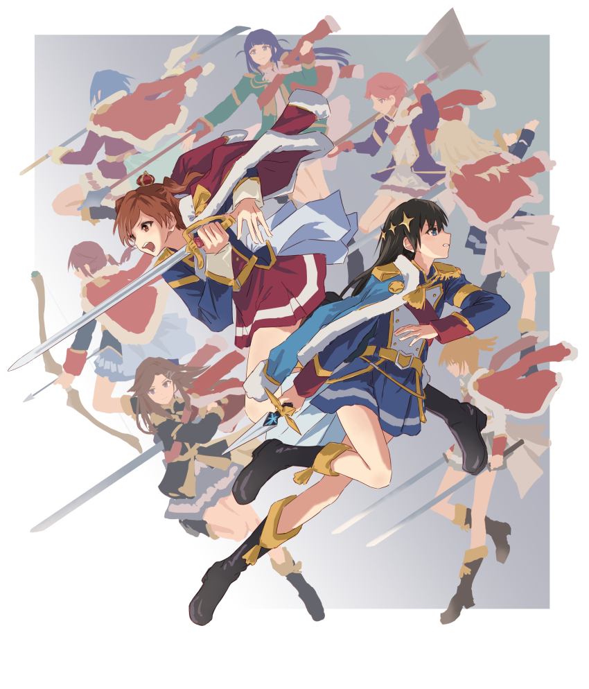 6+girls absurdres aijou_karen belt black_boots black_hair blonde_hair blue_eyes blue_hair blue_jacket blue_skirt boots border bow_(weapon) brown_eyes brown_hair bullfalk buttons clenched_teeth cover crown dagger daiba_nana derivative_work double-breasted dual_wielding epaulettes fire_emblem fire_emblem_awakening floating_hair foot_up full_body fur-trimmed_jacket fur_trim gradient_background green_jacket grey_background grey_skirt grimace halberd hanayagi_kaoruko highres holding holding_bow_(weapon) holding_dagger holding_knife holding_mace holding_polearm holding_sword holding_weapon hoshimi_junna isurugi_futaba jacket jacket_on_shoulders kagura_hikari knee_boots knife long_hair looking_ahead mace mini_crown multiple_girls naginata nintendo open_mouth outstretched_arm over_shoulder parody polearm ponytail purple_jacket red_hair red_jacket red_skirt saijou_claudine sash short_hair shoujo_kageki_revue_starlight shoulder_sash single_epaulette skirt sleeve_cuffs sparkle_hair_ornament sword teeth tendou_maya tsuyuzaki_mahiru twintails two_side_up v-shaped_eyebrows video_game_cover video_game_cover_redraw weapon weapon_over_shoulder white_border white_jacket yellow_belt yellow_trim