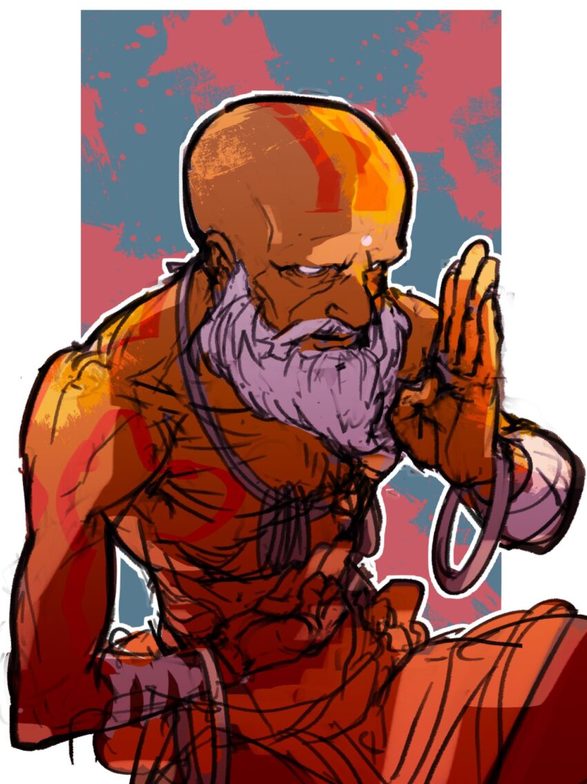 1boy arm_up bald bandaged_arm bandages bangle beard bracelet commentary_request cowboy_shot dark-skinned_male dark_skin dhalsim facial_hair facial_mark highres jewelry looking_ahead male_focus necklace no_pupils old orange_pants pants sketch solo street_fighter street_fighter_6 topless_male white_eyes white_hair yukke69