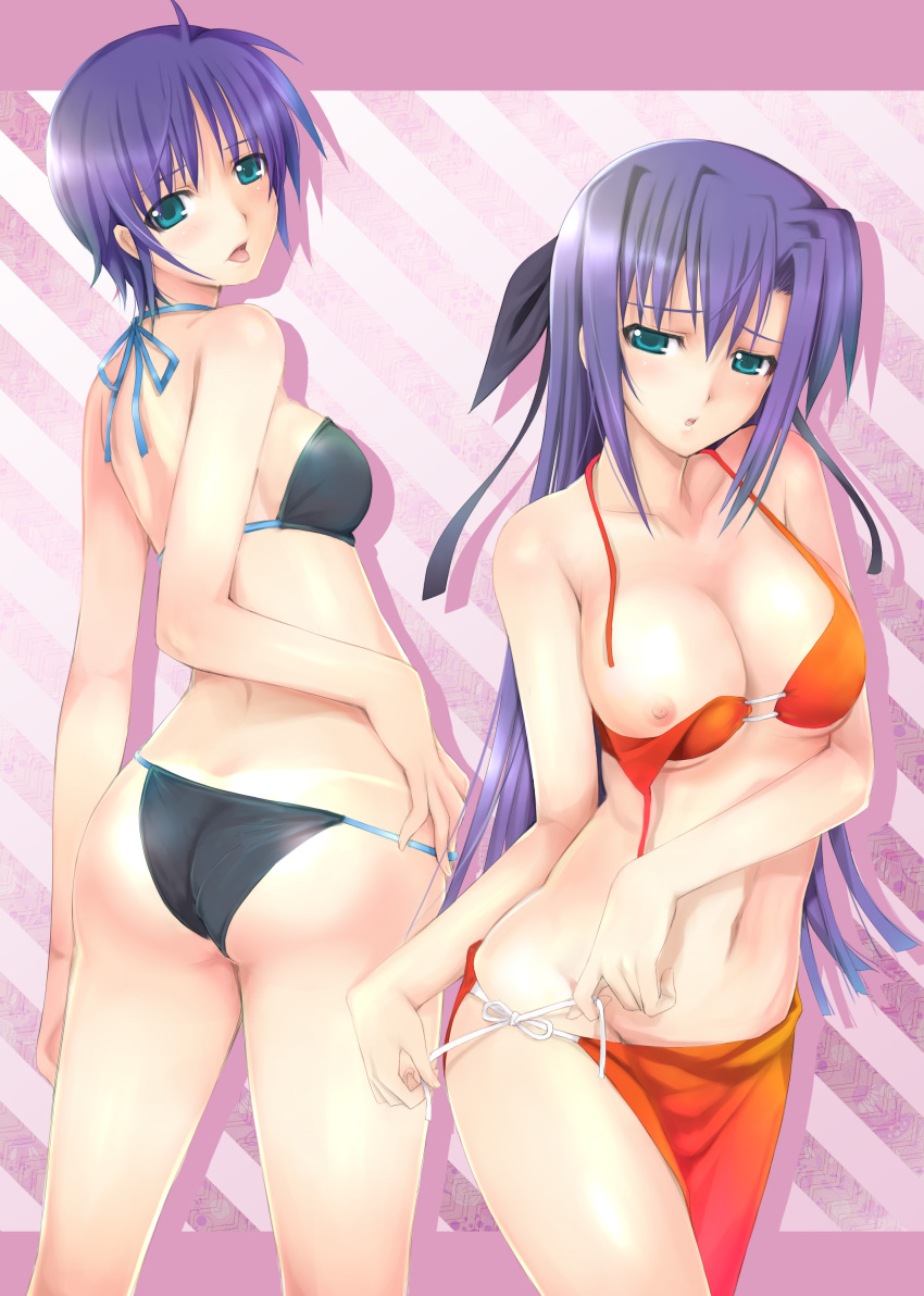 2girls absurdres ass bikini blush breasts ginga_nakajima green_eyes highres long_hair lyrical_nanoha mahou_shoujo_lyrical_nanoha_strikers medium_breasts mikazuki_akira! multiple_girls nipples purple_hair short_hair siblings side-tie_bikini_bottom sisters small_breasts subaru_nakajima swimsuit tongue undressing
