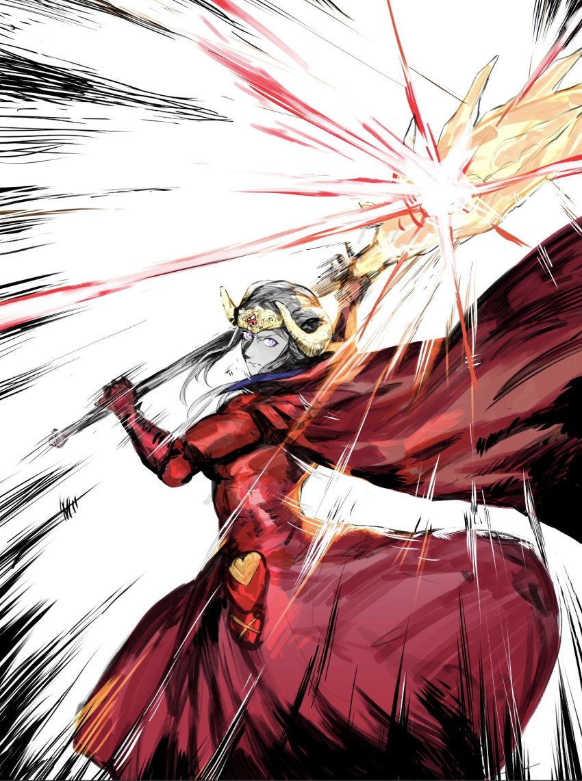 1girl armor axe aymr_(fire_emblem) cape closed_mouth dress edelgard_von_hresvelg edelgard_von_hresvelg_(timeskip) fire_emblem fire_emblem:_three_houses gloves hair_ornament highres holding holding_axe horns long_hair long_sleeves looking_at_viewer nintendo purple_eyes red_cape simple_background solo weapon white_hair yourfreakyneighbourh