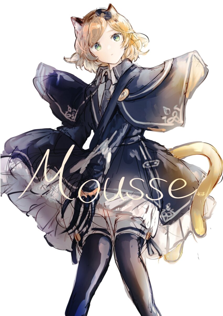 animal_ears arknights blonde_hair brown_hair cat_ears cat_girl cat_tail character_name gloves green_eyes hat highres jacket long_sleeves looking_at_viewer mousse_(arknights) multicolored_hair multiple_tails shirt short_hair solo tail tukaima white_hair white_shirt