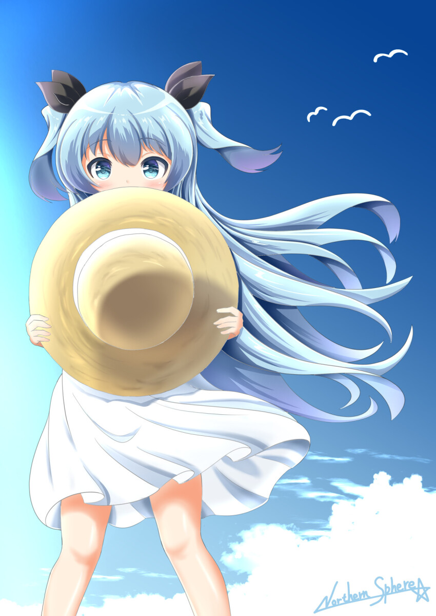 1girl black_bow blue_eyes blue_sky bow cloud day dress feet_out_of_frame hair_bow hat highres holding holding_unworn_clothes holding_unworn_hat long_hair looking_at_viewer noel_(sora_no_method) outdoors sky solo sora_no_method standing stargazer_hope straw_hat two_side_up unworn_hat unworn_headwear very_long_hair white_dress