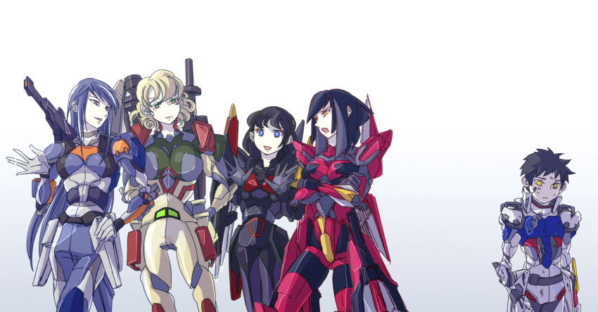 1boy 4girls 8823 :3 aegis_gundam black_hair blitz_gundam blonde_hair blue_eyes breasts buster_gundam crossed_arms damaged duel_gundam gradient_background green_eyes grey_hair gundam gundam_seed hair_behind_ear hand_on_own_hip large_breasts long_hair looking_down mecha_danshi mecha_musume medium_breasts mole mole_under_eye multicolored_hair multiple_girls open_hands open_mouth personification sad short_hair streaked_hair strike_gundam white_hair yellow_eyes