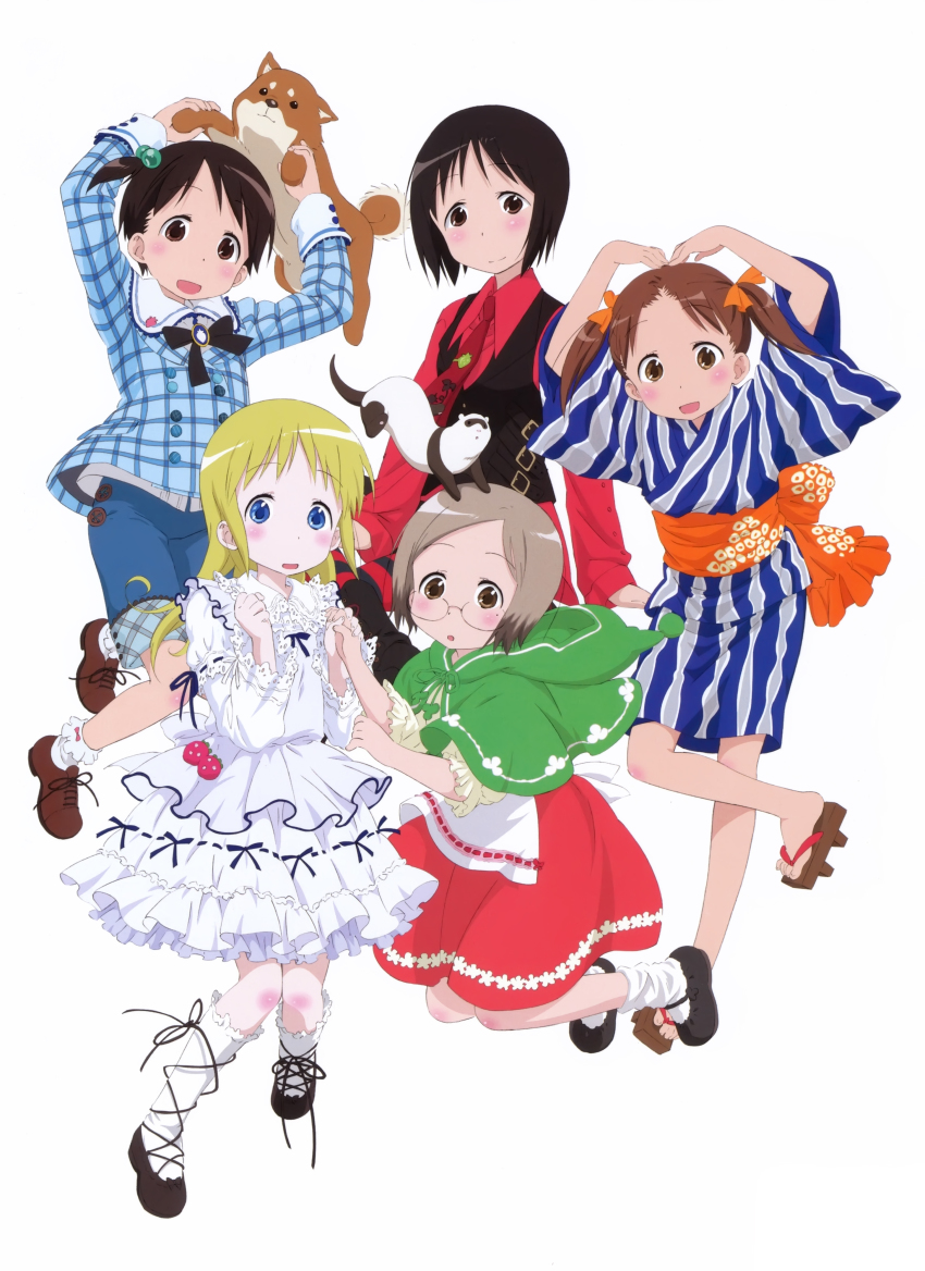 5girls :d :o absurdres ana_coppola animal ankle_lace-up apron arms_up black_hair blonde_hair blue_eyes blush body_blush brown_eyes brown_hair buckle buttons capelet clenched_hand dog double-breasted dress feet ferret food frilled_dress frills fruit full_body geta glasses hair_bobbles hair_ornament hair_ribbon highres holding_hands hood ichigo_mashimaro itou_chika itou_nobue japanese_clothes john jumping kimono knee_blush kneehighs long_hair long_sleeves mary_janes matsuoka_miu mole mole_under_eye multiple_girls necktie no_socks official_art open_mouth plaid red_shirt ribbon sakai_kyuuta sakuragi_matsuri sandals satake_(ichigo_mashimaro) scan shirt shoes short_hair shorts siblings side_ponytail simple_background sisters skirt smile socks strawberry striped toes twintails vertical_stripes vest white_background white_dress white_legwear yukata