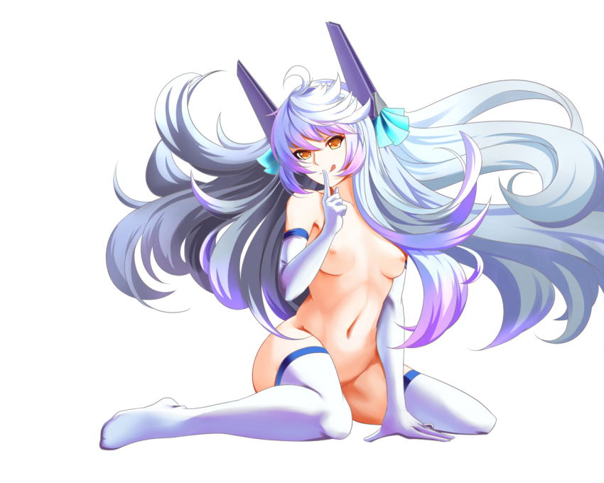 1girl breasts elbow_gloves female_focus finger_to_mouth full_body gloves headgear le_fantasque_(warship_girls_r) long_hair navel nipples nude open_mouth silver_hair simple_background sitting small_breasts smile solo thighhighs tongue tongue_out very_long_hair wariza warship_girls_r white_background white_gloves white_thighhighs xionghan_de_guangtou yellow_eyes