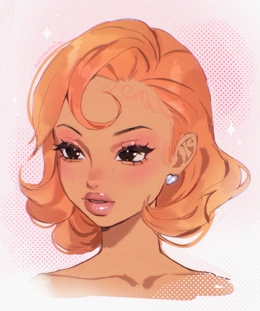 1girl aegyo_sal artist_name brown_eyes chromatic_aberration collarbone cropped_head curly_bangs curly_ends earrings eyelashes eyeshadow film_grain four-pointed_star hair_behind_ear halftone heart heart_earrings highres ice_spice jewelry light_blush looking_to_the_side makeup noisykoala orange_hair parted_lips pink_eyeshadow real_life short_hair sketch tan teeth thick_lips white_background