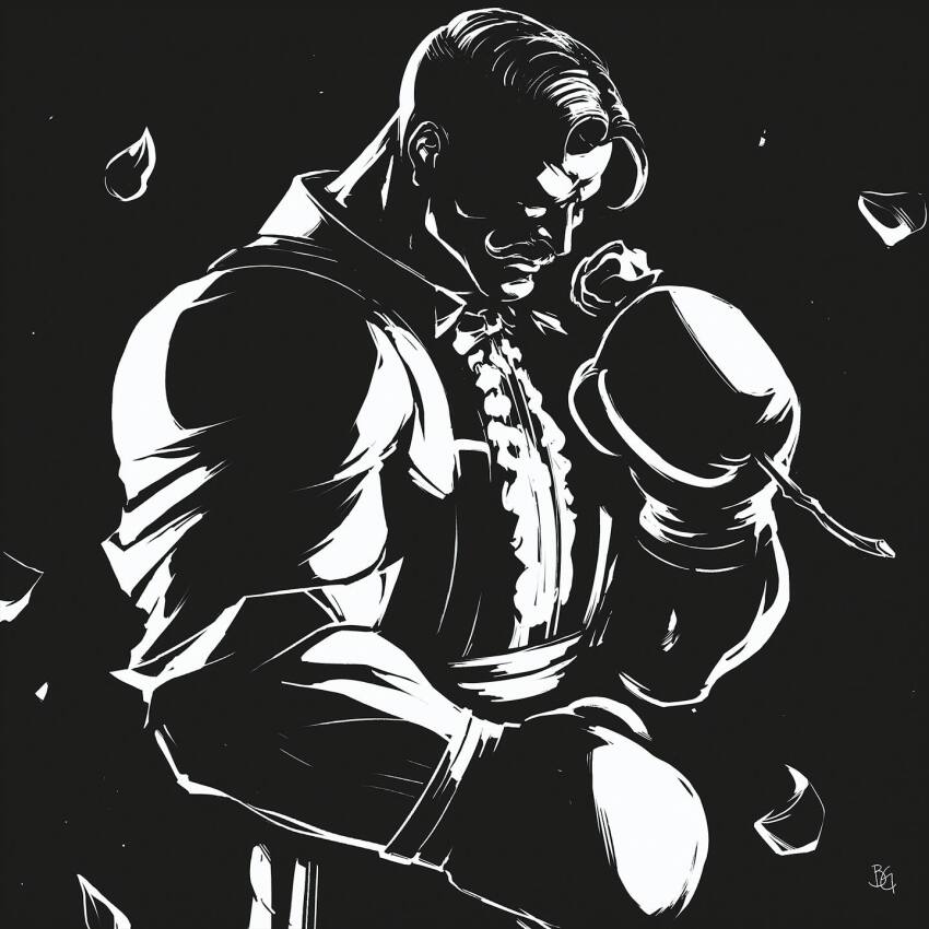 1boy bara billygarretsen black_hair bow bowtie boxing_gloves dark-skinned_male dark_skin dudley facial_hair falling_petals flower frilled_shirt frills gloves handlebar_mustache highres holding large_pectorals male_focus mature_male monochrome muscular muscular_male mustache no_eyebrows pectorals petals rose rose_petals shirt short_hair street_fighter street_fighter_iii_(series) undercut white_shirt