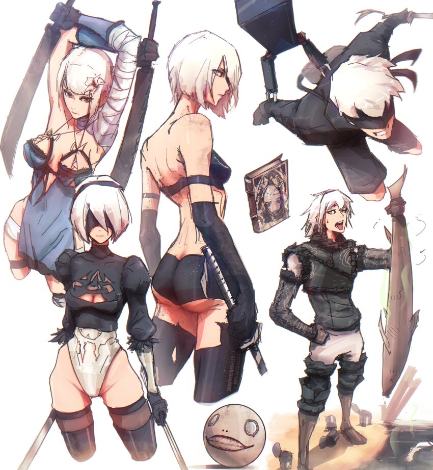 2b_(nier:automata) 9s_(nier:automata) a2_(nier:automata) absurdres arm_up armpits ass bare_shoulders breasts cleavage cleavage_cutout clothing_cutout covered_eyes cowboy_shot emil_(nier) fish full_body highres holding holding_sword holding_weapon kaine_(nier) large_breasts leotard lingerie long_hair medium_breasts mole mole_under_mouth multiple_girls multiple_views nier nier:automata nier_(brother) nier_(series) pod_(nier:automata) short_hair simple_background small_breasts stephengiannart sword thighhighs underwear weapon white_background white_hair