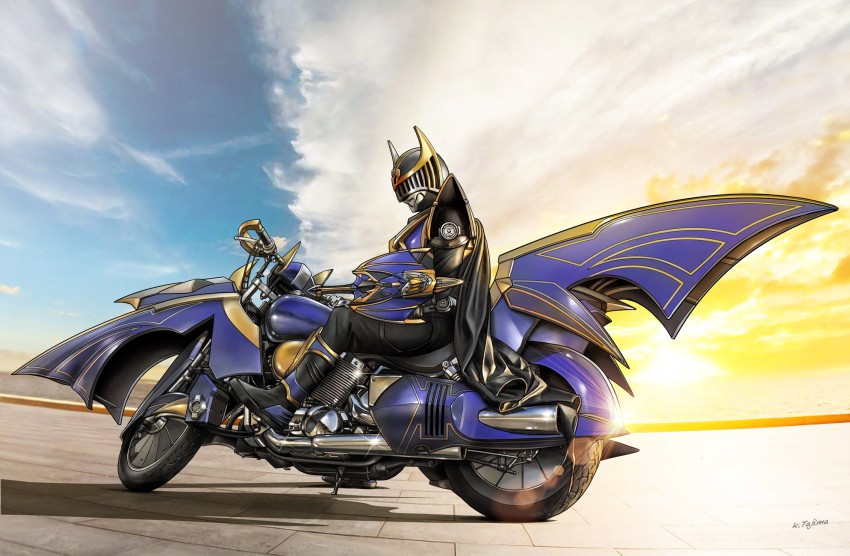 1boy armor black_cape blue_sky brick_floor cape cloud cloudy_sky commentary_request dias_(tajima_kouki) full_body gold_trim gradient_sky highres horizon kamen_rider kamen_rider_knight kamen_rider_knight_survive kamen_rider_ryuki_(series) motor_vehicle motorcycle on_motorcycle partial_commentary purple_armor sky solo unused_tire yellow_sky