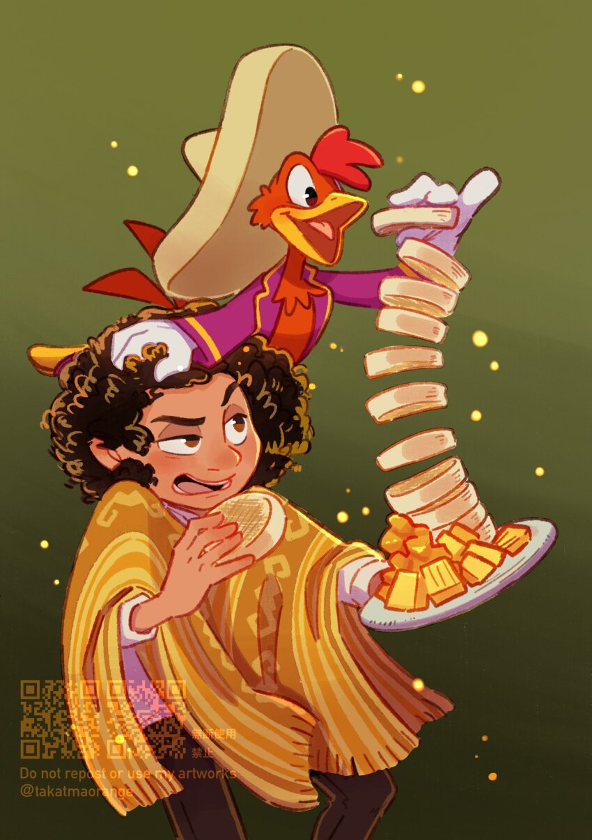 2boys brown_eyes brown_hair camilo_madrigal company_connection curly_hair dark-skinned_male dark_skin encanto gloves hat highres male_focus mickey_mouse_&amp;_friends multiple_boys open_mouth panchito_pistoles poncho shirt short_hair simple_background smile sombrero takatmaorange the_three_caballeros white_gloves white_shirt