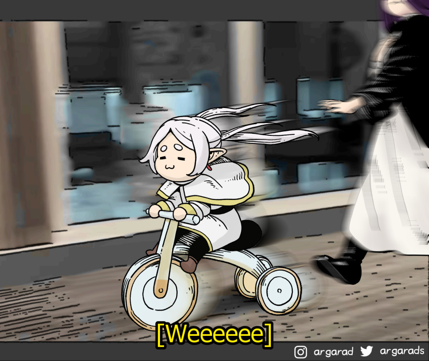 2girls :3 =_= argarad black_cloak black_footwear black_pantyhose brown_footwear capelet chasing chibi cloak commentary dress earrings elf english_commentary fern_(sousou_no_frieren) frieren highres instagram_logo instagram_username jewelry motion_blur multiple_girls pantyhose pointy_ears purple_hair sousou_no_frieren subtitled tricycle twintails twitter_logo twitter_username white_capelet white_dress white_hair