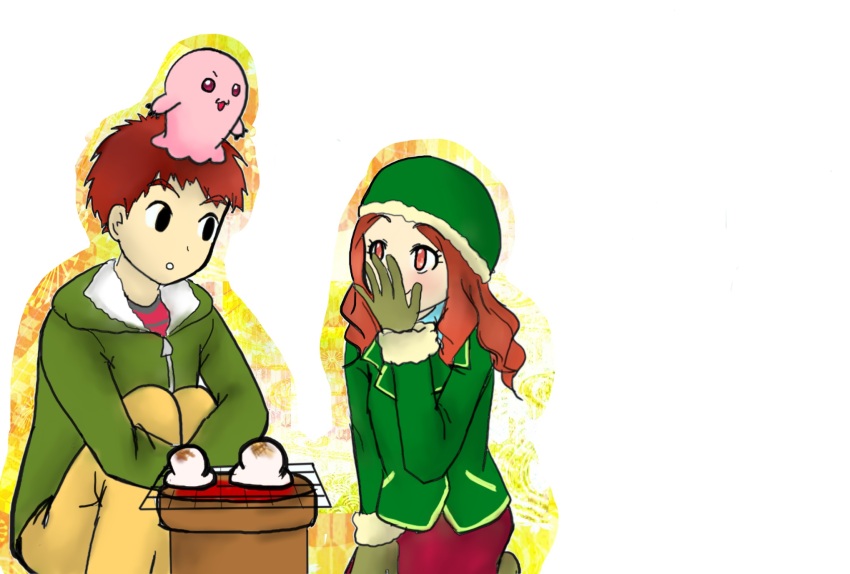 _ black_eyes brown_eyes brown_hair digimon digimon_adventure_02 food highres izumi_koshiro long_hair mochi mochimon short_hair tachikawa_mimi