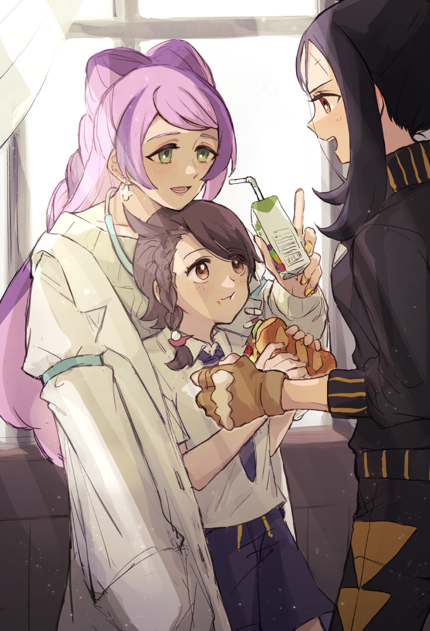 3girls black_hair black_jacket black_track_suit braid breasts brown_eyes brown_hair chikiso coat collared_shirt cross_scar dendra_(pokemon) earrings fingerless_gloves flower_earrings food gloves green_eyes highres jacket jewelry juice_box juliana_(pokemon) lab_coat long_hair long_sleeves looking_at_another miriam_(pokemon) multicolored_hair multiple_girls necktie nintendo off-shoulder_sweater off_shoulder open_clothes open_coat open_mouth pink_hair pokemon pokemon_sv ponytail purple_hair purple_necktie purple_shorts sandwich scar scar_on_face scar_on_forehead school_nurse school_uniform shirt short_sleeves shorts standing streaked_hair sweater swept_bangs track_suit turtleneck turtleneck_jacket upper_body uva_academy_school_uniform white_coat white_shirt yellow_eyes yellow_gloves yellow_nails yellow_sweater