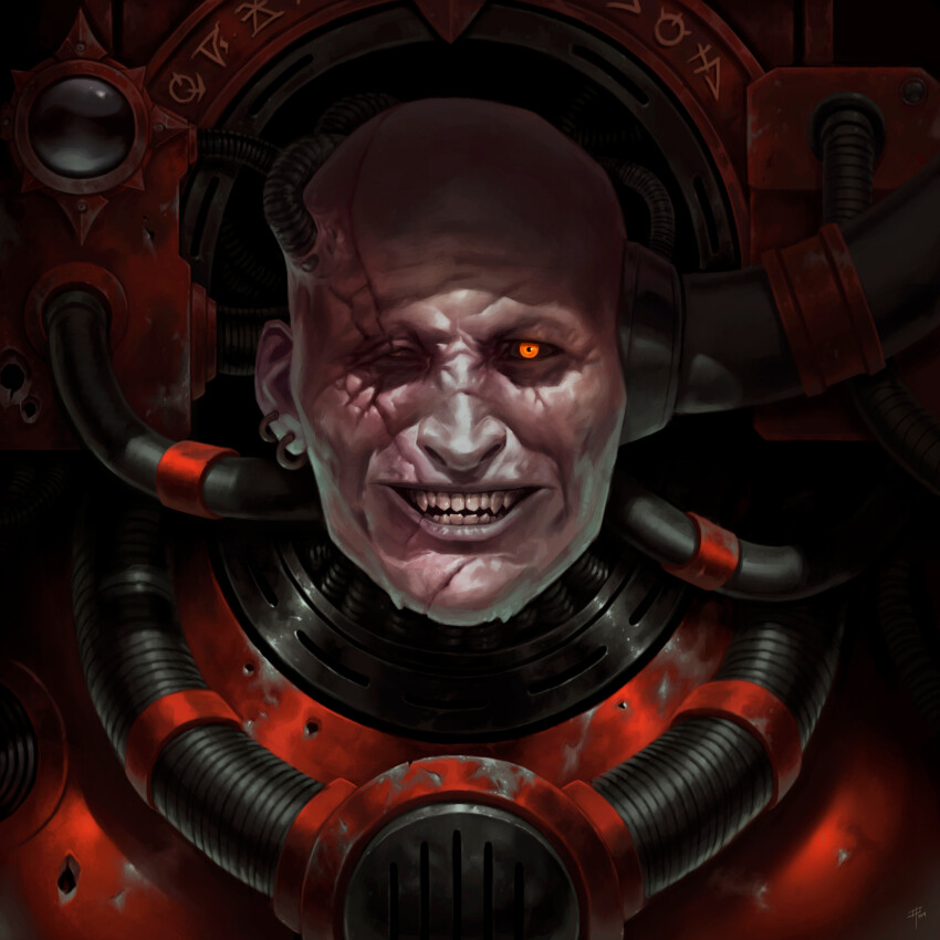 1boy absurdres adrian4rt armor bald battle_damage black_armor black_sclera breastplate bullet_hole chipped_paint colored_sclera commentary english_commentary gauntlets glowing glowing_eyes highres missing_eye open_mouth orange_eyes power_armor red_armor red_eyes scar scar_on_face sharp_teeth shoulder_armor solo straight-on teeth warhammer_40k