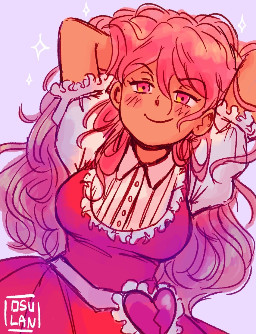 1girl absurdres alternate_hairstyle arms_behind_head artist_name belt blush breasts closed_mouth collared_shirt dark-skinned_female dark_skin double-parted_bangs dress dutch_angle frilled_sleeves frills hair_behind_ear hair_between_eyes hair_down heart highres large_breasts long_hair looking_at_viewer omori osulan pink_belt pink_dress pink_eyes pink_hair puffy_short_sleeves puffy_sleeves purple_background raised_eyebrows shirt short_sleeves simple_background sleeveless sleeveless_dress smile solo sparkle sweetheart_(omori) wavy_hair white_shirt
