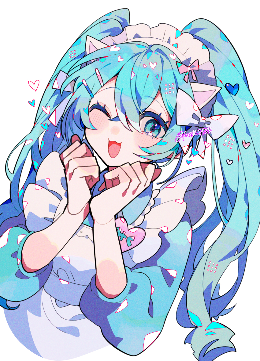 1girl :3 absurdres apron blue_dress blue_eyes blue_hair blush bow collared_dress commentary_request cropped_torso crossed_bangs double-parted_bangs dress frilled_apron frills hair_between_eyes hair_ornament halftone hands_up hatsune_miku headdress heart heart_hair_ornament highres kawasaki_(kwsk_8765) long_hair long_sleeves looking_at_viewer maid maid_headdress one_eye_closed open_mouth pink_bow puffy_long_sleeves puffy_sleeves simple_background solo twintails vocaloid white_apron white_background white_bow white_headdress