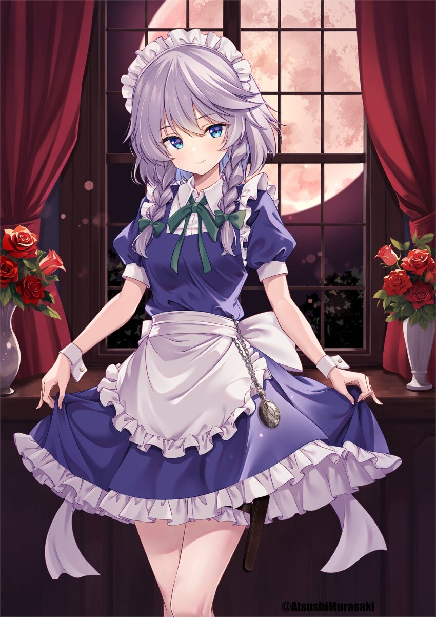 1girl apron bare_legs blue_eyes blush breasts closed_mouth collared_shirt commentary_request cowboy_shot dress frilled_apron frilled_dress frilled_thigh_strap frills full_moon green_ribbon grey_hair highres holster indoors izayoi_sakuya long_hair maid maid_headdress moon murasaki_atsushi neck_ribbon plant pocket_watch potted_plant puffy_short_sleeves puffy_sleeves red_curtains red_ribbon ribbon shirt short_sleeves small_breasts smile thigh_holster thigh_strap touhou twintails waist_apron watch white_apron white_wrist_cuffs window wrist_cuffs
