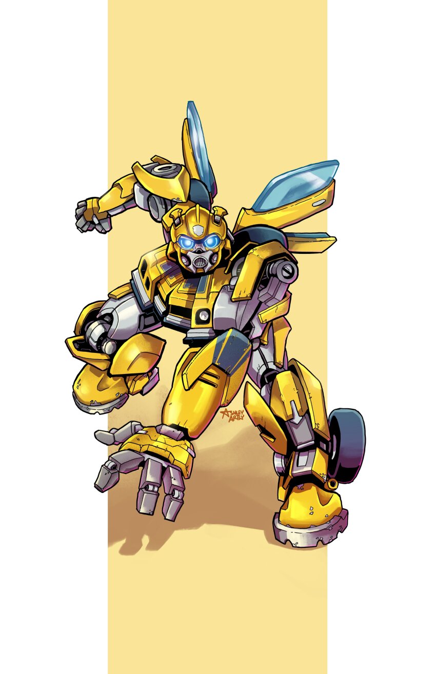 absurdres ashley_artly blue_eyes bumblebee_(transformers) clenched_hand commentary english_commentary glowing glowing_eyes highres looking_at_viewer mecha no_humans open_hand robot running science_fiction shadow solo transformers transformers:_rise_of_the_beasts transformers_(live_action) wheel
