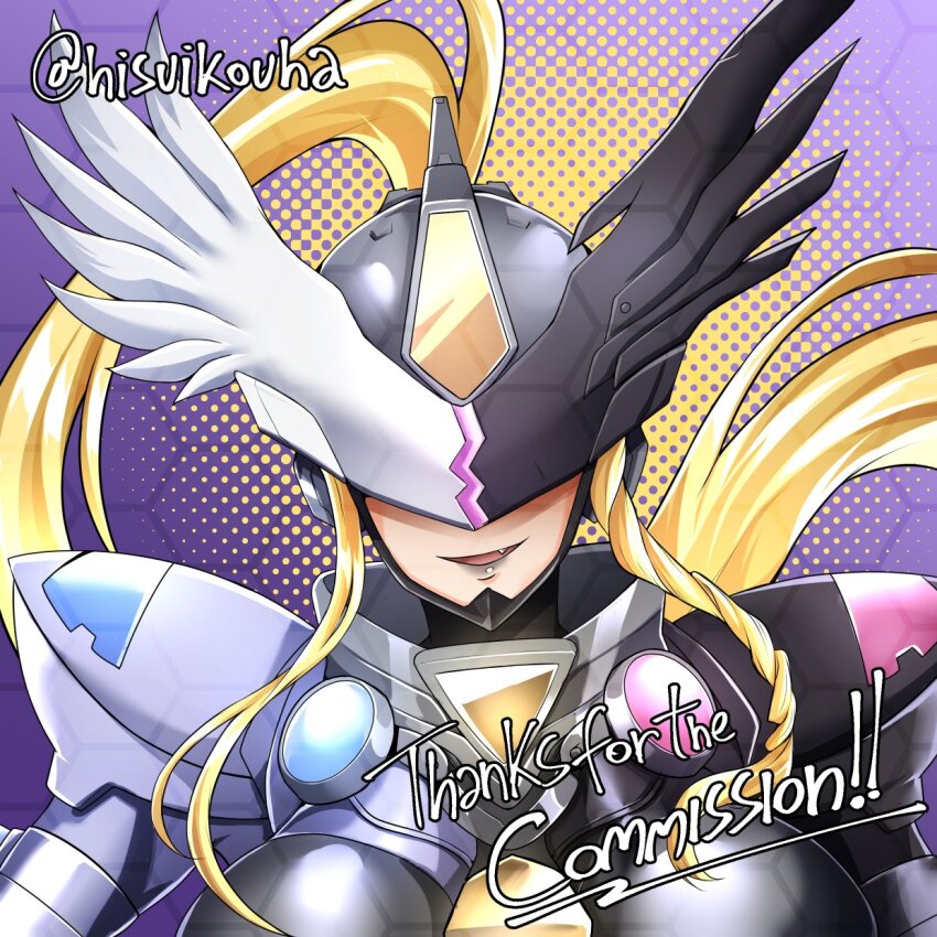 armor asymmetrical_armor black_armor black_helmet black_lips blonde_hair close-up commentary commission digimon digimon_(creature) english_commentary english_text fang helmet high_ponytail highres hisuikouha long_hair mastemon polka_dot polka_dot_background ponytail simple_background solo thank_you twitter_username white_armor white_helmet