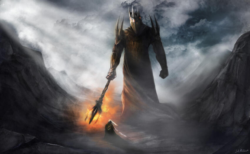 2boys armor artist_name battle commentary divine_being elf english_commentary fingolfin fire glowing glowing_eyes grey_sky holding holding_mace holding_sword holding_weapon jmkilpatrick light_rays mace morgoth mountain multiple_boys pauldrons pointy_ears shoulder_armor signature silmaril_(gem) size_difference sky spiked_armor spiked_mace spiked_pauldrons spikes sunlight sword the_silmarillion tolkien&#039;s_legendarium weapon white_hair yellow_eyes