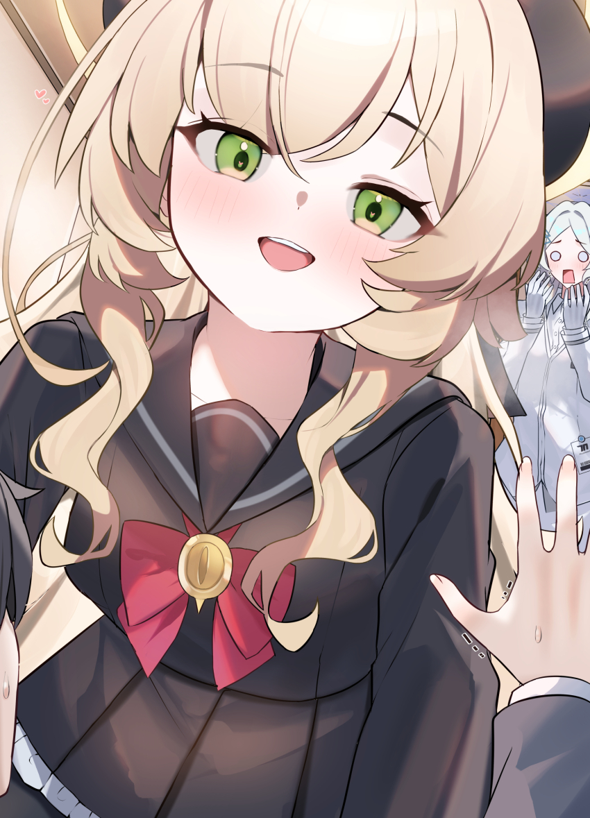 1girl black_sailor_collar black_serafuku blonde_hair blue_archive blush bow bowtie frilled_skirt frills green_eyes halo highres long_hair looking_at_viewer mi_taro333 mirai_(blue_archive) professor_niyaniya_(blue_archive) red_bow red_bowtie sailor_collar school_uniform sensei_(blue_archive) serafuku shirt skirt smile