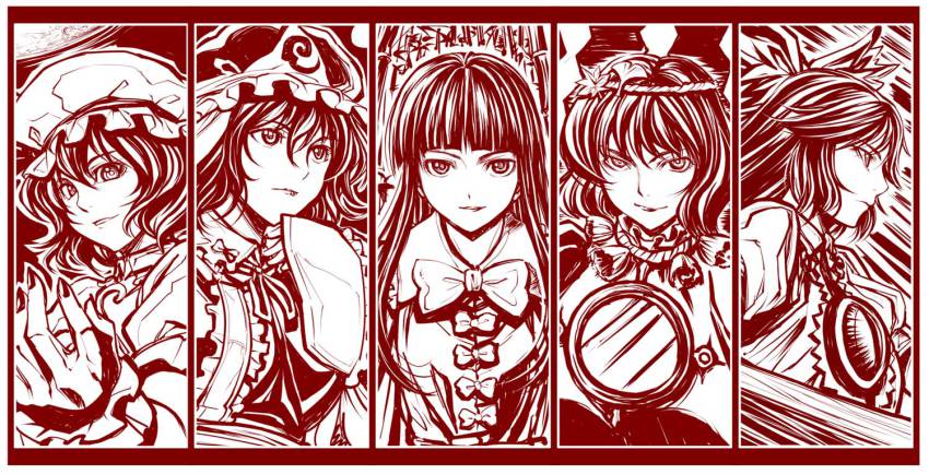 5girls female_focus houraisan_kaguya monochrome multiple_girls red_theme reiuji_utsuho remilia_scarlet saigyouji_yuyuko sakino_shingetsu stage_connection touhou yasaka_kanako