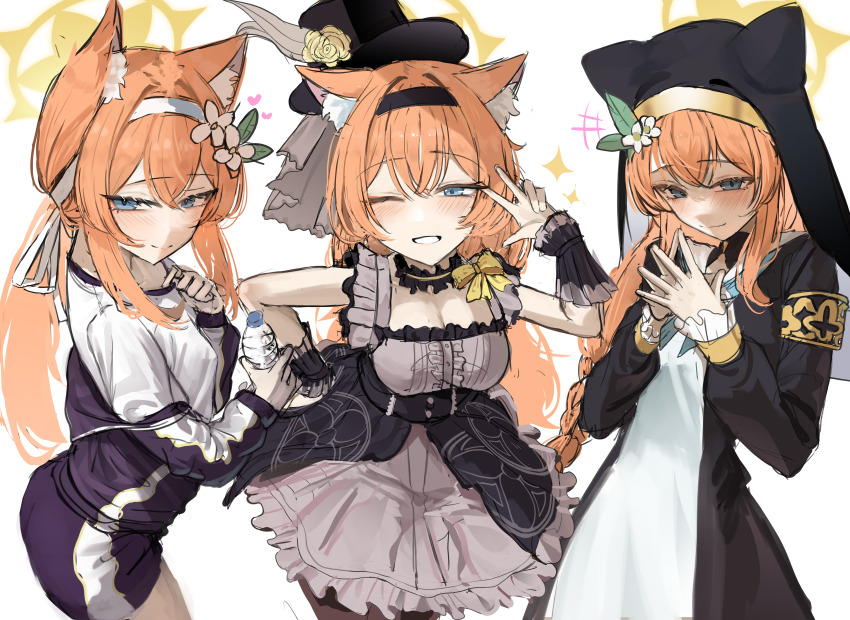 1girl absurdres animal_ear_fluff animal_ears black_choker black_hairband black_hat black_jacket black_pantyhose black_veil blue_archive blue_jacket blue_neckerchief blue_shorts blush bottle breasts cat_ears cat_girl choker cleavage closed_mouth dress flower grey_dress grin hair_between_eyes hair_flower hair_ornament hairband hand_on_own_hip hat highres holding holding_bottle jacket long_hair low_ponytail mari_(blue_archive) mari_(idol)_(blue_archive) mari_(track)_(blue_archive) neckerchief nun official_alternate_costume official_alternate_hairstyle one_eye_closed orange_hair pantyhose ponytail ribbon sakana_(whhy8883) shaded_face shorts sidelocks sleeveless sleeveless_dress smile solo steepled_fingers veil w water_bottle white_dress white_flower white_hairband wrist_cuffs yellow_flower yellow_ribbon