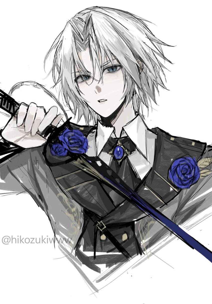 1boy ascot black_ascot blue_flower blue_gemstone blue_rose collared_shirt final_fantasy final_fantasy_vii final_fantasy_vii_ever_crisis flower gem grey_eyes grey_hair grey_jacket hair_between_eyes highres hikozukiwww holding holding_sword holding_weapon jacket male_focus official_alternate_costume parted_bangs parted_lips portrait rose sephiroth sephiroth_(dark_attire) sephiroth_(ever_crisis) shirt short_hair slit_pupils solo sword twitter_username upper_body weapon white_background white_shirt
