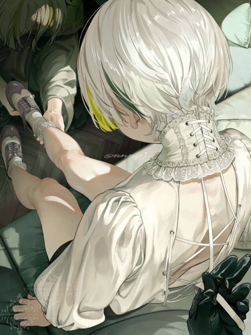 3others androgynous ankle_grab back backless_outfit black_gloves black_shorts blonde_hair close-up collar commentary_request cross-laced_collar detached_collar gloves green_hair green_streaks highres kneeling lace-trimmed_collar lace-trimmed_socks lace_trim leg_focus long_sleeves lower_body multicolored_hair multicolored_shoes multiple_boys multiple_others nnnyj original other_focus pov pov_hands putting_on_footwear saddle_shoes shirt shoelaces shoes short_hair shorts simple_background sitting socks solo_focus streaked_hair twitter_username two-tone_shoes water watermark white_collar white_hair white_shirt white_socks wooden_floor