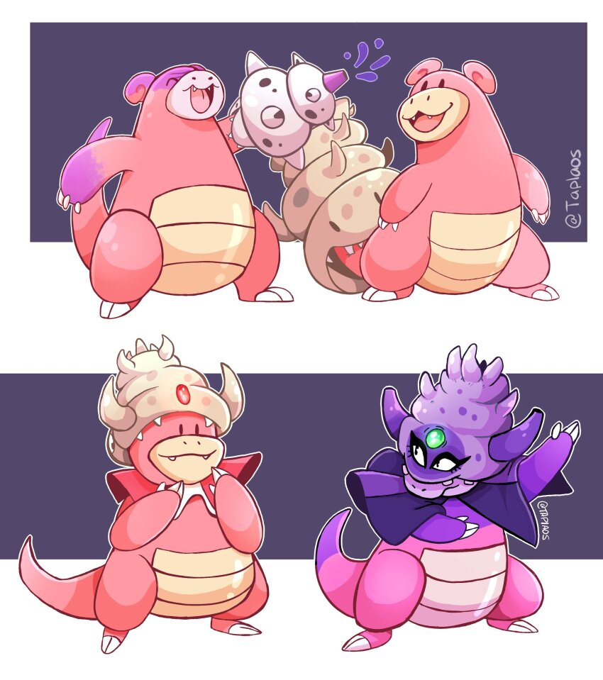 absurdres alternate_form animal_focus claws full_body galarian_slowbro galarian_slowking game_freak gen_1_pokemon happy highres horns multiple_others nintendo no_humans poison pokemon pokemon_(creature) shell simple_background slowbro smile standing tail taplaos twitter_username