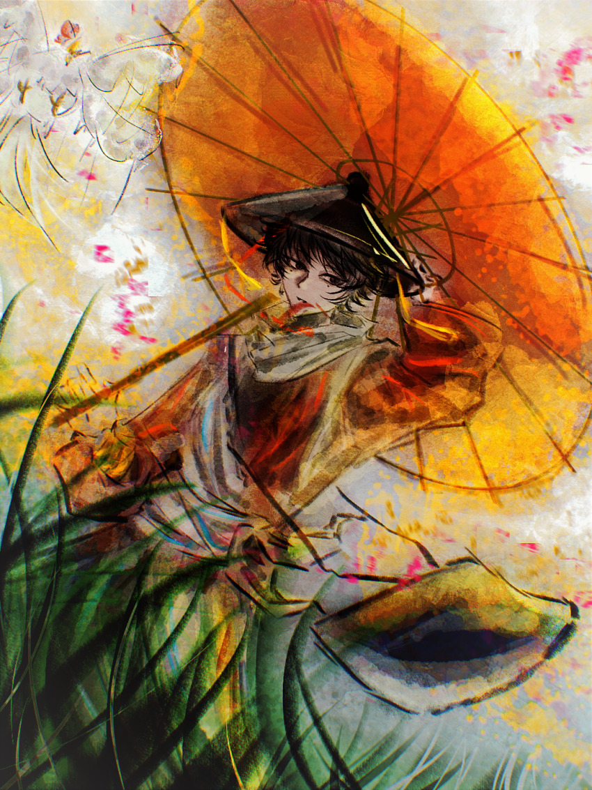 1boy ajirogasa black_bag black_eyes black_hair black_hat cen_boyao chinese_commentary coat commentary_request grey_sash hand_on_headwear hat highres holding holding_umbrella long_sleeves male_focus mole mole_under_each_eye mole_under_eye multiple_moles oil-paper_umbrella outdoors red_coat red_umbrella shixiaoke_bushi_kezong short_hair solo touqi_guaitan umbrella