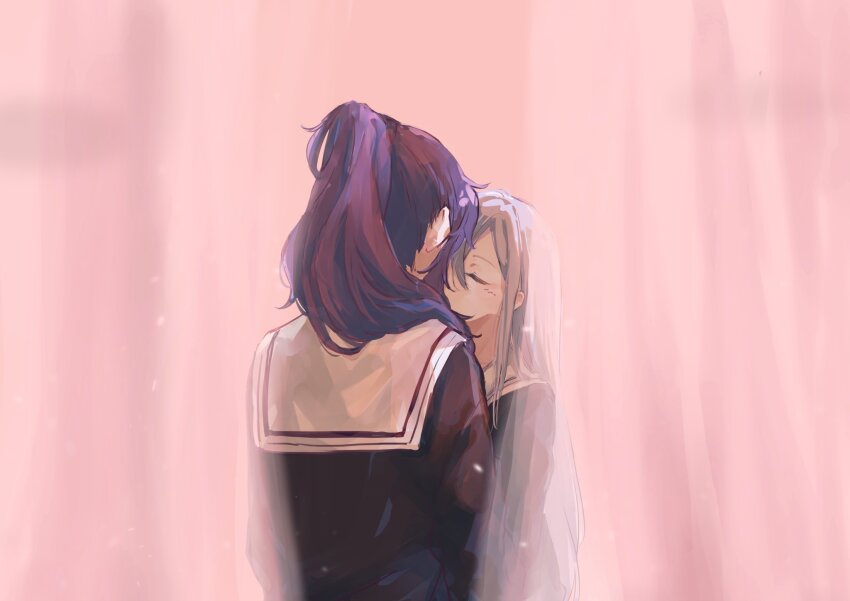 2girls asahina_mafuyu black_shirt blush closed_eyes curtains grey_hair highres implied_kiss l9525 long_hair long_sleeves multiple_girls ponytail project_sekai purple_hair sailor_collar school_uniform shirt white_sailor_collar yoisaki_kanade yuri