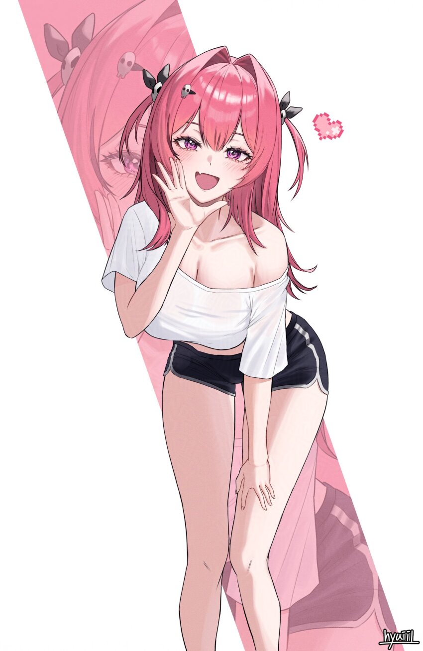 1girl alternate_costume artist_name bare_legs black_shorts breasts cleavage commentary_request dolphin_shorts fang feet_on_table goddess_of_victory:_nikke hair_intakes hair_ornament heart highres hyuiil365 korean_commentary large_breasts leaning_forward legs long_hair mast_(nikke) open_mouth pink_hair shirt shorts skin_fang skull_hair_ornament solo white_shirt zoom_layer
