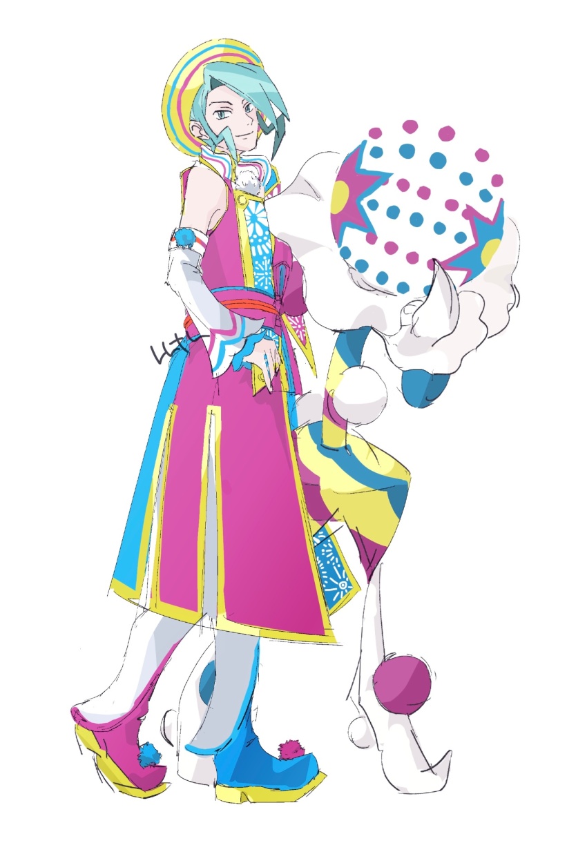 1boy 6l226 blacephalon closed_mouth coat detached_sleeves gen_7_pokemon green_eyes green_hair hat highres looking_at_viewer looking_to_the_side male_focus nintendo official_alternate_costume pants pokemon pokemon_(creature) pokemon_masters_ex purple_coat shoes short_hair sideburns simple_background smile standing ultra_beast wallace_(new_year&#039;s_2024)_(pokemon) wallace_(pokemon) white_background white_pants yellow_hat