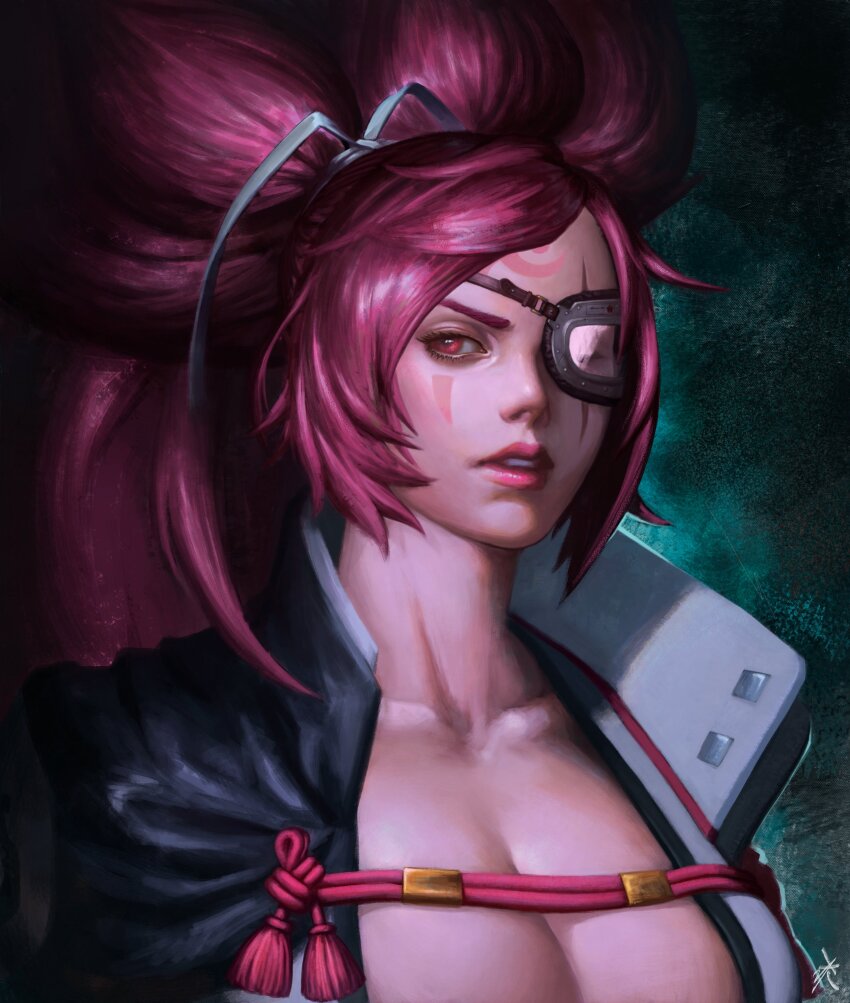 1girl absurdres baiken big_hair black_jacket black_kimono breasts cleavage eyepatch facial_tattoo guilty_gear guilty_gear_strive hair_ribbon highres jacket jacket_on_shoulders japanese_clothes kimono large_breasts long_hair looking_at_viewer one-eyed open_clothes open_kimono parted_lips pink_hair ponytail red_eyes ribbon samurai scar scar_across_eye scar_on_face tattoo white_ribbon yc_yorkchow
