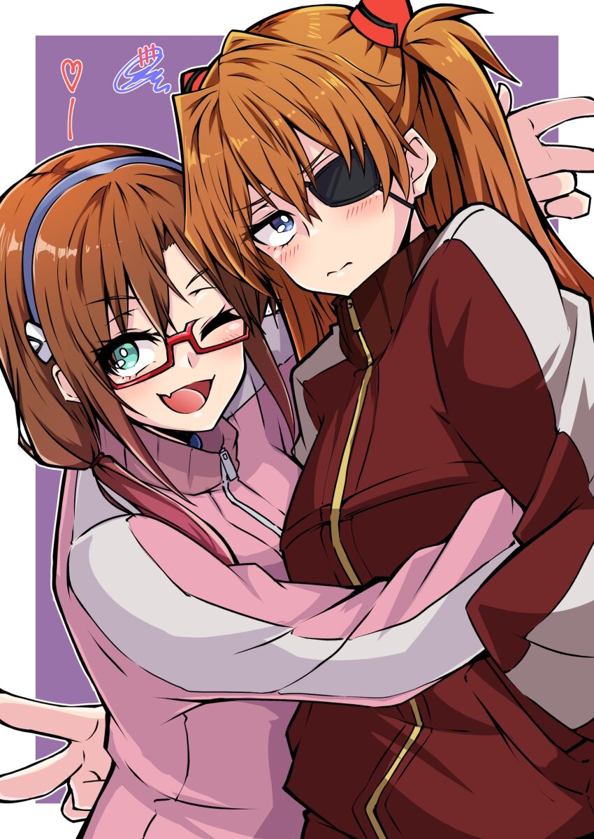 2girls blue_eyes blush breast_press breasts brown_hair embarrassed eyepatch fang glasses green_eyes hair_ornament highres hug jacket makinami_mari_illustrious medium_breasts multiple_girls neon_genesis_evangelion one_eye_closed open_mouth orange_hair purple_background serious shinonome_mozuku smile souryuu_asuka_langley twintails v
