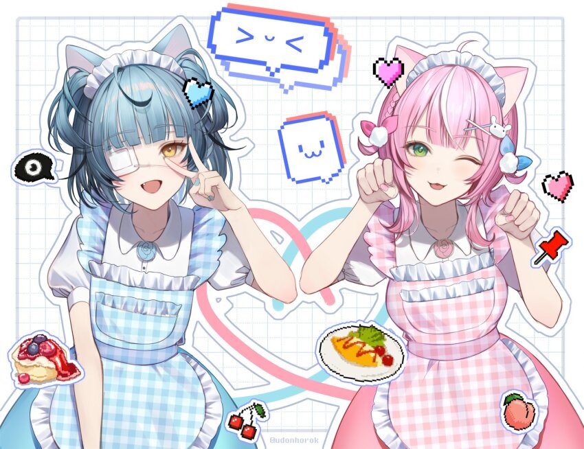 2girls animal_ears apron blue_hair blue_nails cat_ears cherry eyepatch food fruit green_eyes heart looking_at_viewer maid_apron maid_headdress medical_eyepatch multiple_girls nijisanji nijisanji_kr omelet omurice paw_pose peach pink_hair pink_nails ryu_hari thumbtack udonhorok v v_over_eye virtual_youtuber yang_nari yellow_eyes