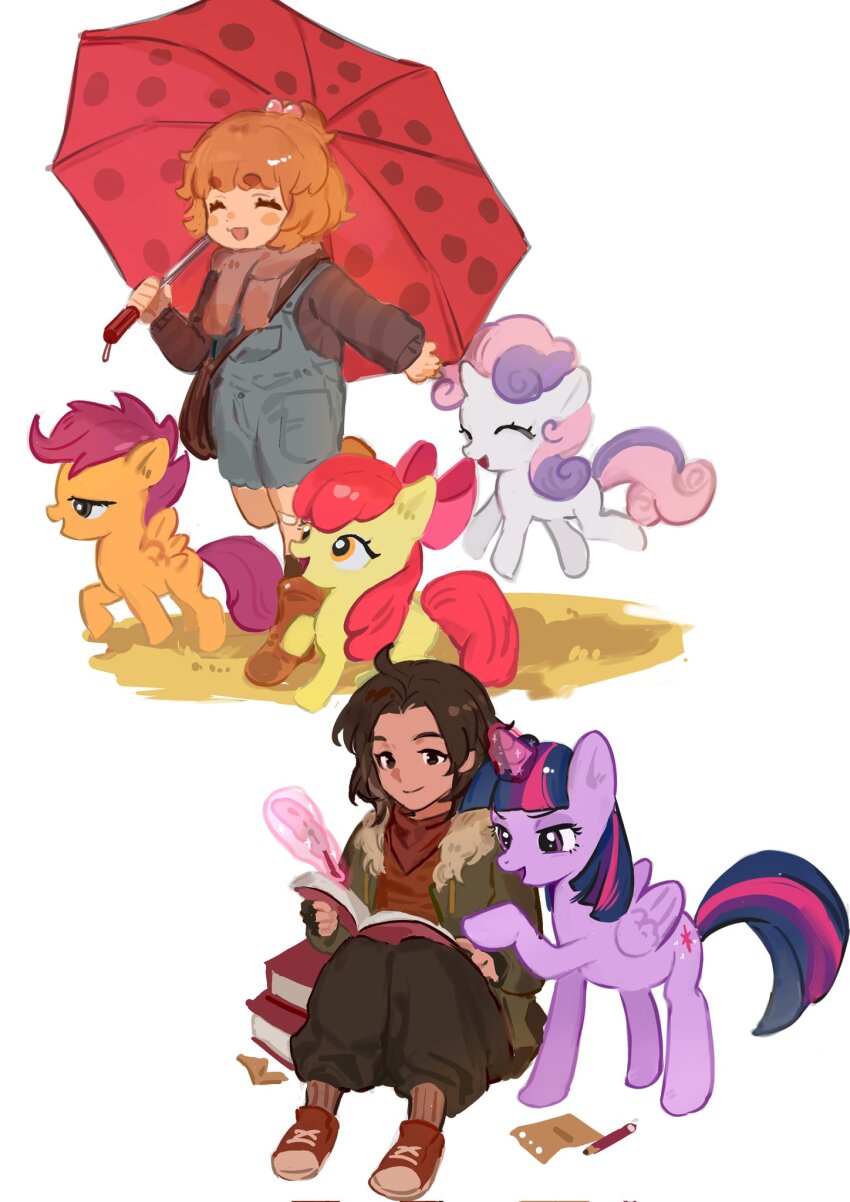 2girls 3others apple_bloom bag bandaid bandaid_on_knee bandaid_on_leg blue_hair blue_overalls blunt_bangs book boots brown_eyes brown_hair brown_scarf brown_shirt closed_eyes coat colored_skin crossover full_body fur_collar grass green_coat grin hair_bobbles hair_ornament highres holding holding_book holding_umbrella loose_hair_strand magic medium_hair multicolored_hair multiple_girls multiple_others my_little_pony my_little_pony:_friendship_is_magic on_ground open_book orange_hair our_life:_now_and_forever outstretched_arm overalls pencil pink_hair pointing polka_dot polka_dot_umbrella purple_eyes purple_skin qiu_lin_(our_life) quill red_shirt rubber_boots scarf scootaloo shirt shoes shoulder_bag sitting skipping smile smug sneakers sparkle sparkling_eyes standing standing_on_one_leg sweetie_belle tamarack_baumann twilight_sparkle umbrella unicorn_horn white_background xrsjbz