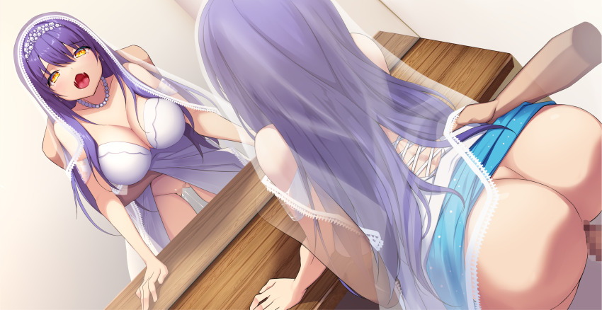 1boy 1girl alternate_costume arm_support ass bare_shoulders black_hair breasts bridal_veil censored cleavage collarbone commentary_request commission cowboy_shot creek_(moon-sky) curvy dress dutch_angle flower flower_wreath grabbing_from_behind grey_background hair_between_eyes head_wreath hetero highres indoors jewelry kushima_kamome large_breasts long_hair looking_at_viewer mirror mosaic_censoring necklace off-shoulder_dress off_shoulder open_mouth pearl_necklace pussy_juice reflection saliva sex sex_from_behind simple_background skeb_commission solo_focus straight_hair summer_pockets tongue vaginal veil wedding_dress white_dress white_flower yellow_eyes