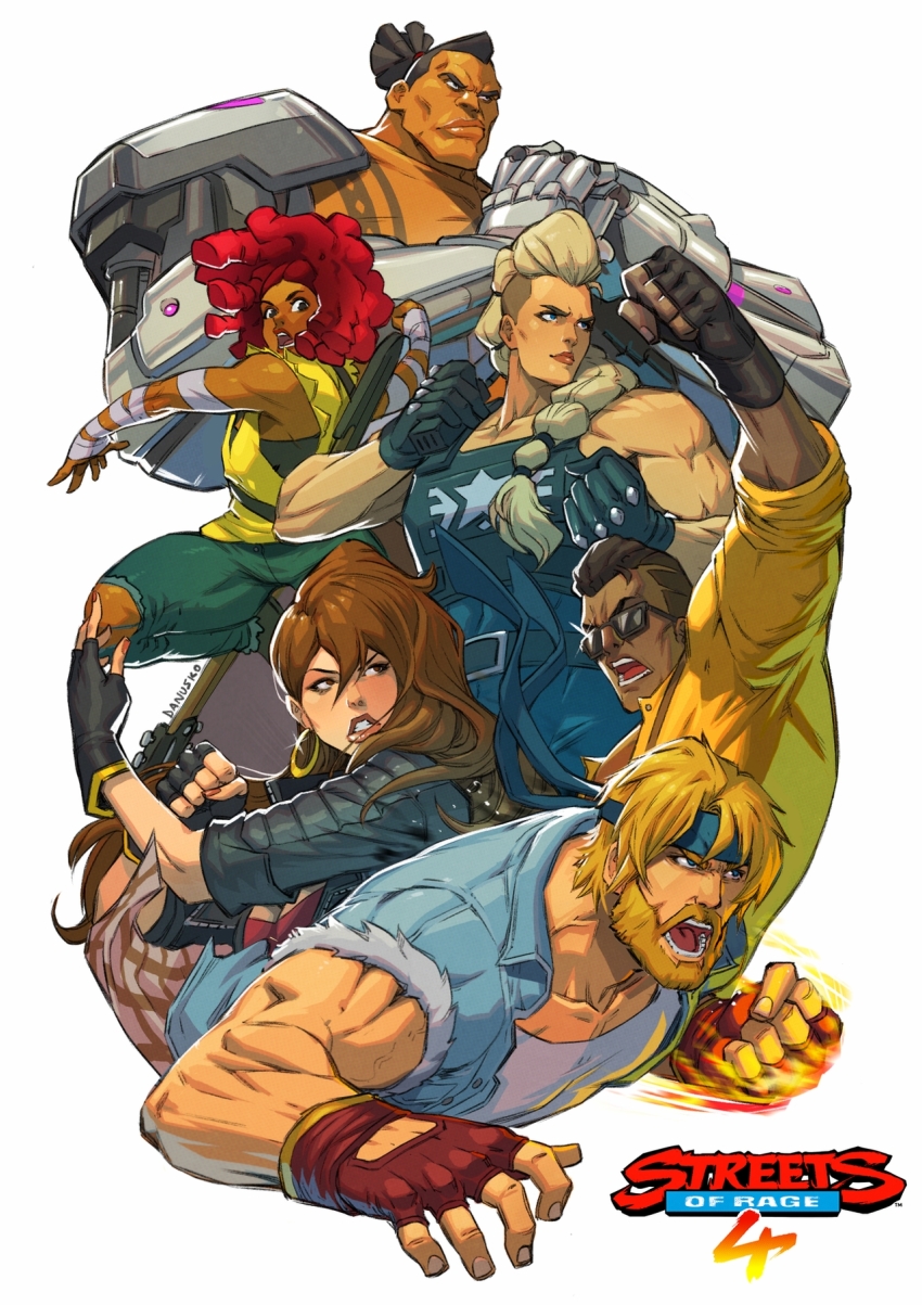 3boys 3girls adam_hunter axel_stone bandaged_arm bandages beard black_hair blaze_fielding blonde_hair blue_eyes braid brown_hair bulletproof_vest cherry_hunter clenched_hand clenched_hands commentary copyright_name cracking_knuckles cyborg danusko dark_skin denim denim_shirt dreadlocks earrings electric_guitar english_commentary estel_aguirre facial_hair father_and_daughter fighting_stance floyd_iraia full-body_tattoo glasses gold_earrings guitar highres hoop_earrings incoming_attack incoming_punch instrument jacket jeans jewelry joints leather leather_jacket lips long_braid long_hair maori mechanical_arms multiple_boys multiple_girls muscular muscular_female opaque_glasses open_clothes open_jacket open_shirt pants platinum_blonde_hair police police_uniform policewoman pompadour punching red_hair sega shirt single_braid sleeveless sleeves_pushed_up streets_of_rage streets_of_rage_4 sunglasses tattoo topknot topless_male torn_clothes torn_jeans torn_pants undercut upper_body uppercut very_dark_skin walkie-talkie white_background yellow_shirt