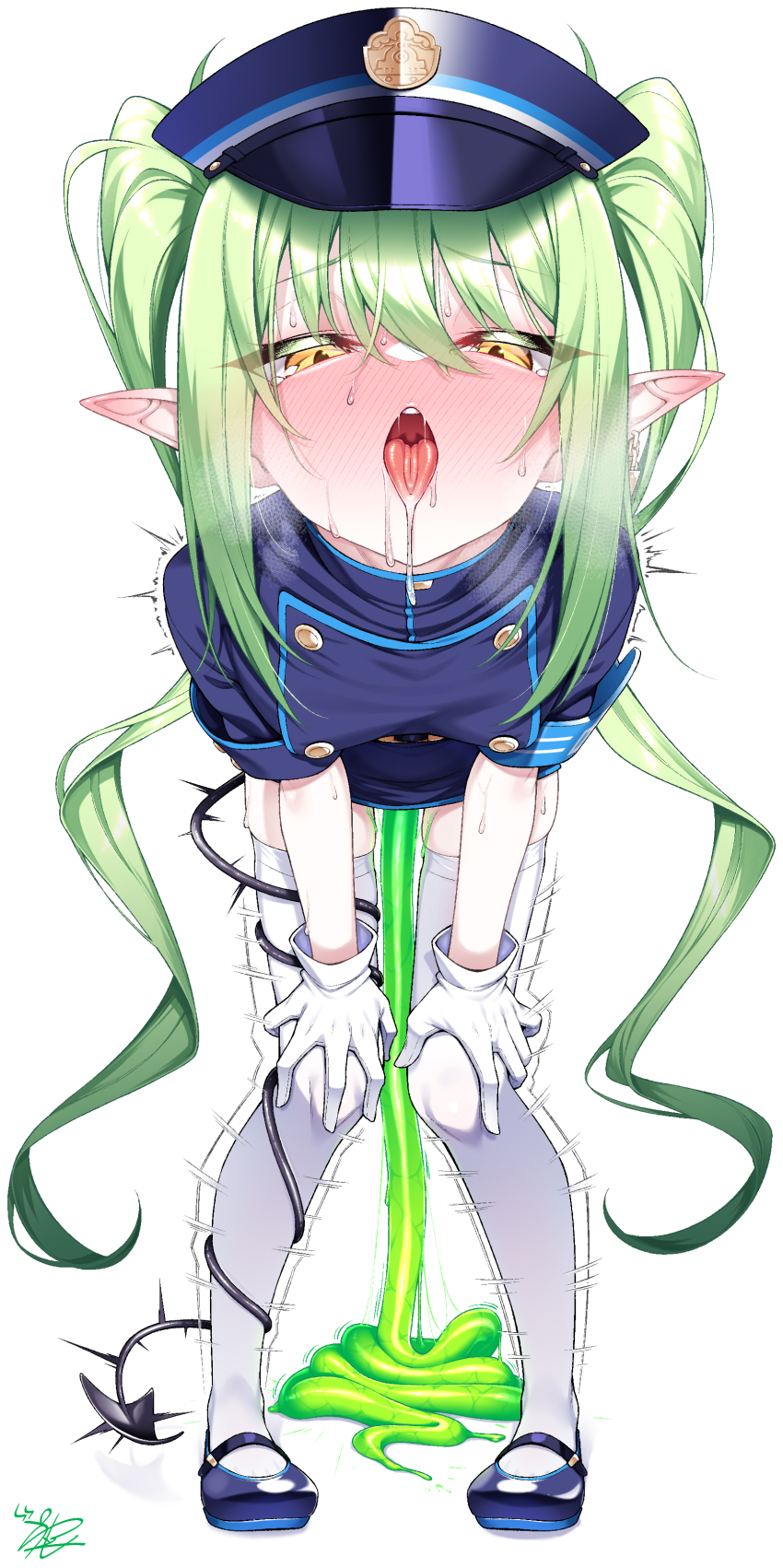1girl absurdres blue_archive blue_dress blue_hat blush breasts buttons demon_tail double-breasted dress gloves green_hair hat highres loli long_hair looking_at_viewer nozomi_(blue_archive) open_mouth scat short_sleeves sidelocks slime_(substance) small_breasts solo tail thighhighs twintails very_long_hair watosu white_gloves white_thighhighs yellow_eyes