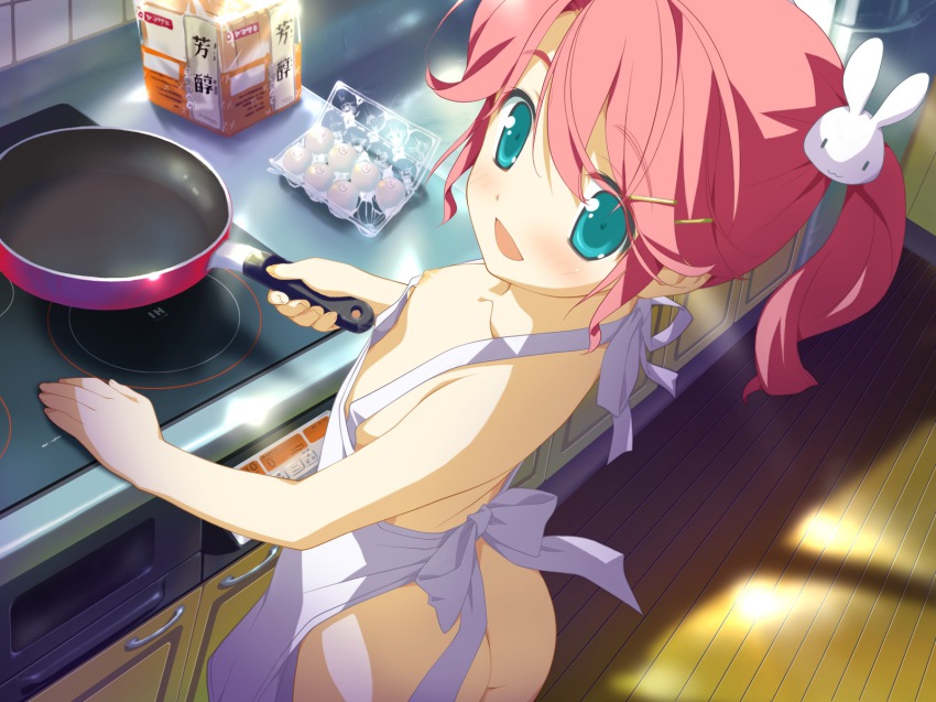 1girl apron ass cooking female_focus flat_chest game_cg green_eyes hair_ornament highres hoshizora_no_memoria indoors kogasaka_chinami looking_at_viewer naked_apron nipple_slip nipples no_bra no_panties open_mouth pink_hair shida_kazuhiro solo
