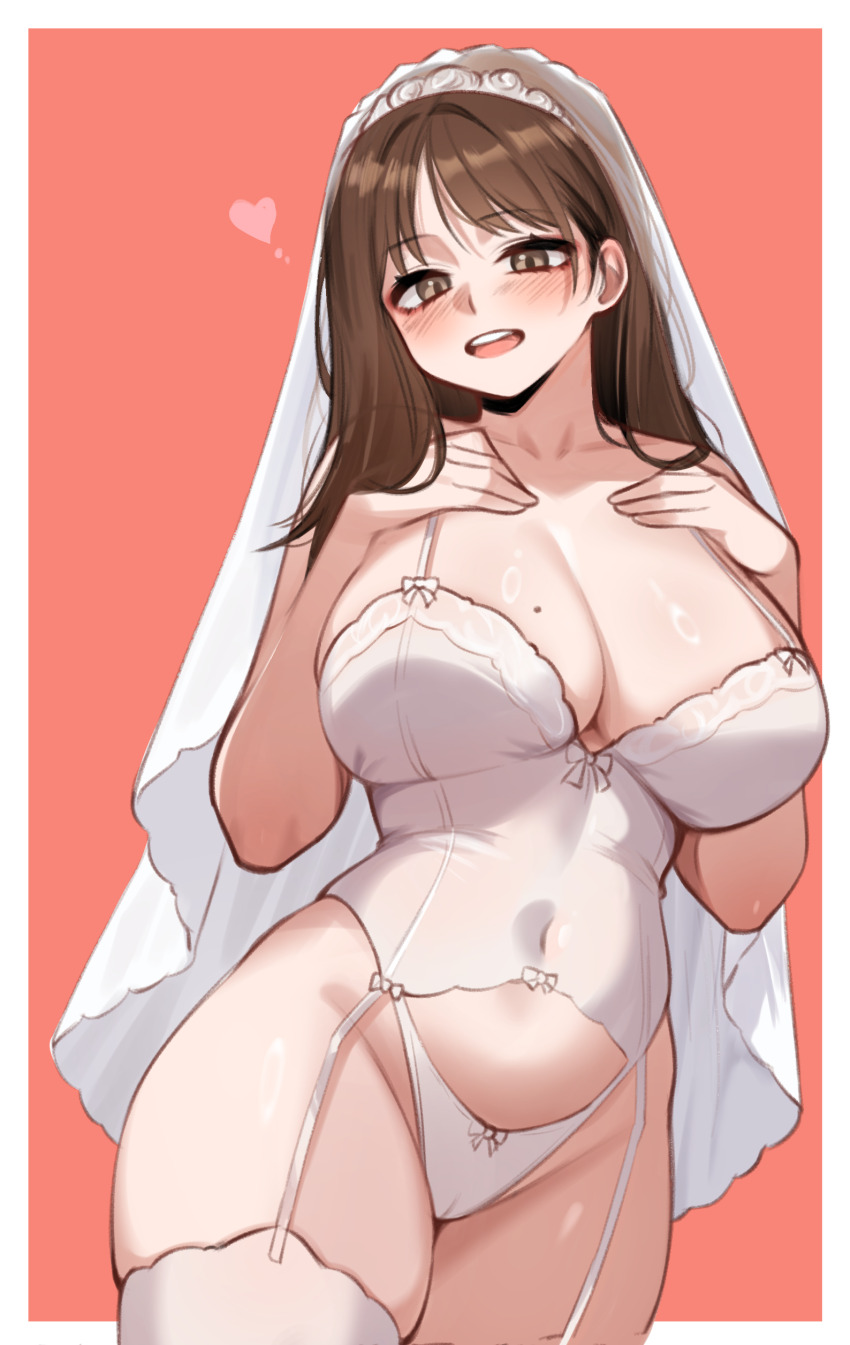 1girl :d absurdres bare_shoulders beautiful_gunbari blush border breasts bridal_lingerie bridal_veil brown_eyes brown_hair cameltoe charon_(duddnd2361) cleavage collarbone covered_navel cowboy_shot female_focus garter_straps hands_on_own_chest heart highres jung_su-a large_breasts lingerie long_hair mole mole_on_breast open_mouth outside_border panties red_background see-through_clothes simple_background smile solo teeth thighhighs underwear underwear_only upper_teeth_only veil very_long_hair white_border white_panties white_thighhighs