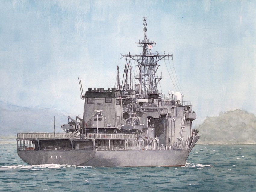 atelier_bono highres island japan_maritime_self-defense_force japan_self-defense_force js_chihaya military military_vehicle no_humans ocean original painting_(medium) ship sky traditional_media vehicle_focus warship watercolor_(medium) watercraft