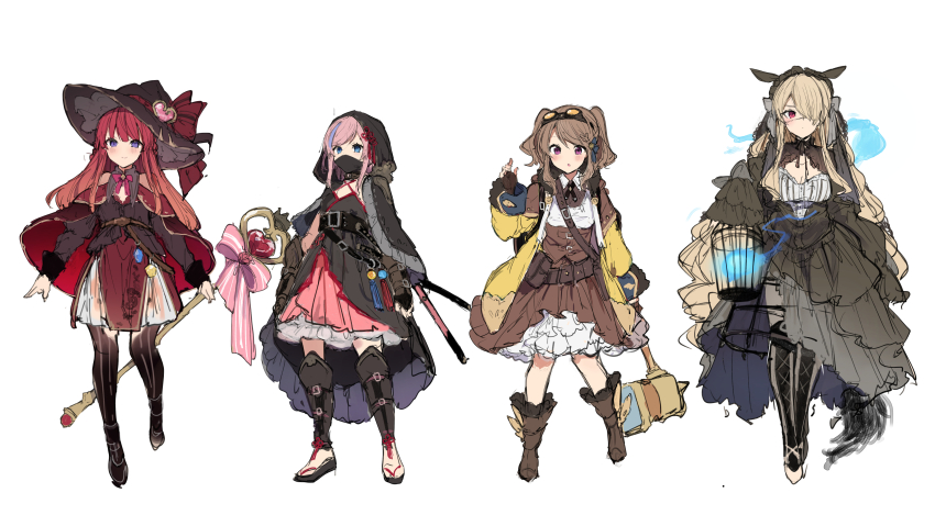 4girls :c absurdres anna_(ikeuchi_tanuma) armor assassin belt birdcage black_cloak black_dress black_shirt black_thighhighs blonde_hair blue_fire blue_hair blush boots bow brown_footwear brown_gloves brown_skirt cage capelet cloak corset crinoline criss-cross_halter dress edel_(ikeuchi_tanuma) fantasy fingerless_gloves fire frilled_skirt frills full_body gloves goggles goggles_on_head greaves hair_over_one_eye halter_shirt halterneck hammer hat hat_bow highres holding holding_cage holding_hammer holding_staff hood hood_up hooded_cloak ikeuchi_tanuma lace-up_boots lineup long_bangs long_dress long_hair long_sleeves looking_at_viewer mask mouth_mask multicolored_hair multiple_girls neck_ribbon one_eye_covered open_mouth original pelvic_curtain petticoat pink_hair purple_eyes red_capelet red_eyes red_hair red_skirt ribbon rije_(ikeuchi_tanuma) sandals shirt short_hair short_twintails side_slit sidelocks simple_background skirt sleeve_cuffs sleeveless sleeveless_shirt staff straight-on straight_hair streaked_hair swept_bangs thighhighs tino_(ikeuchi_tanuma) twintails white_background wisp wizard wizard_hat