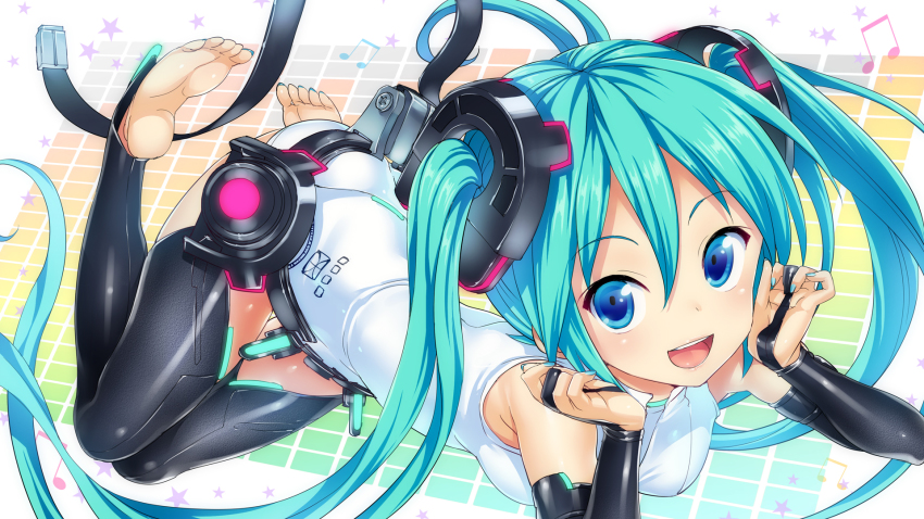 1girl :d aqua_eyes aqua_hair aqua_nails barefoot beamed_quavers bridal_gauntlets elbow_gloves feet female_focus fingerless_gloves gloves hatsune_miku hatsune_miku_(append) highres hisasi long_hair looking_at_viewer lying musical_note nail_polish necktie on_side open_mouth smile soles solo star_(symbol) tda_model_(mikumikudance) thighhighs toenail_polish toenails toes twintails very_long_hair vocaloid vocaloid_append yamaha