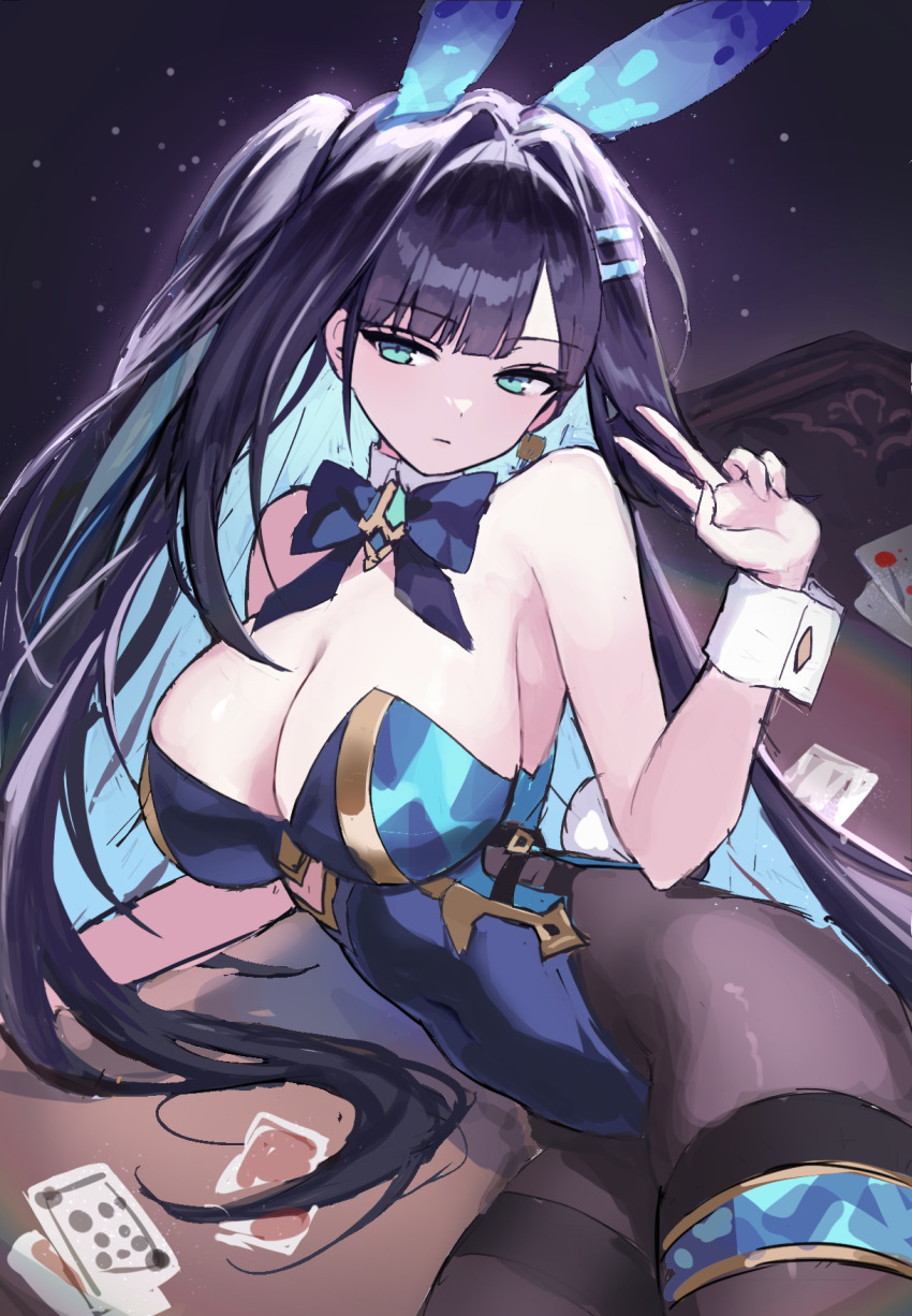 1girl abigail_(black_survival) abigail_(poker_face)_(black_survival) animal_ears aqua_eyes black_hair black_survival blue_leotard bow bowtie breasts brooch brown_pantyhose cleavage closed_mouth colored_inner_hair commentary_request commission covered_navel detached_collar eternal_return:_black_survival expressionless fake_animal_ears fake_tail hair_ornament hairclip hand_up highleg highleg_leotard highres jewelry korean_commentary large_breasts leotard long_hair looking_at_viewer multicolored_hair one_side_up pantyhose playboy_bunny q_cupid_p3 rabbit_ears sitting solo strapless strapless_leotard tail thighlet two-tone_hair v very_long_hair wrist_cuffs yokozuwari