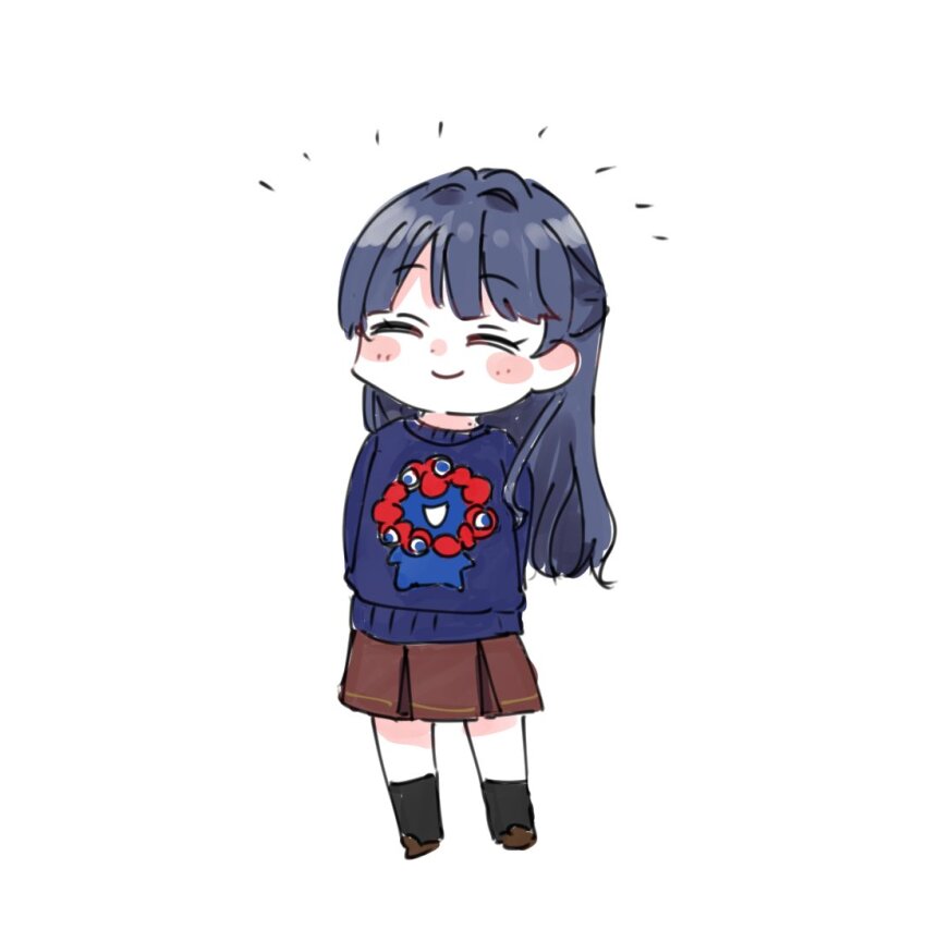 1girl ^_^ blue_hair blue_sweater blush blush_stickers brown_skirt character_print closed_eyes closed_mouth commentary expo2025 hair_intakes half_updo hasu_no_sora_school_uniform link!_like!_love_live! love_live! mole mole_on_neck moso_(expect66) murano_sayaka myaku-myaku pleated_skirt print_shirt school_uniform shirt simple_background skirt smile solo sweater white_background winter_uniform